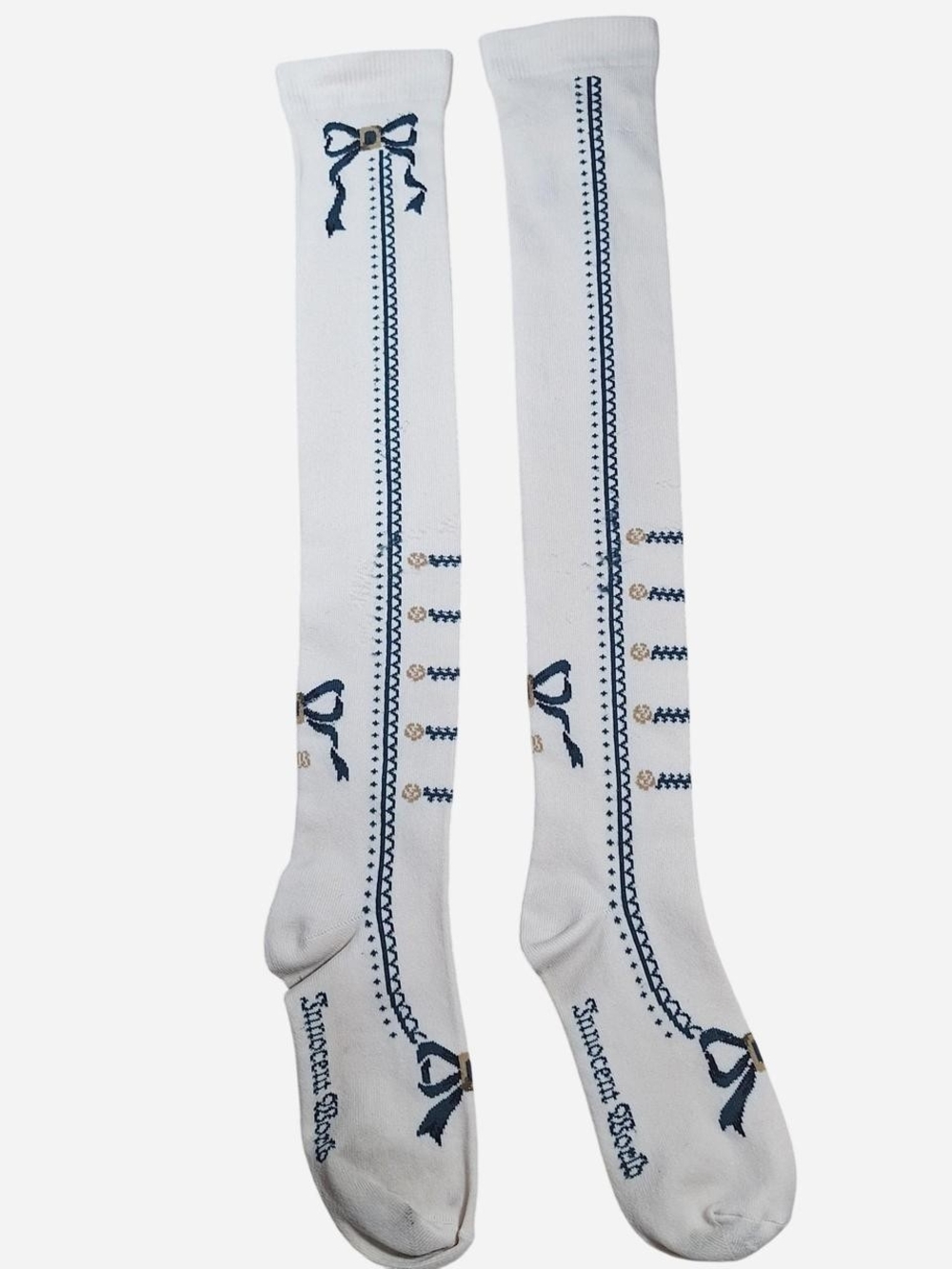 Innocent World Ivory Blue Vertical Stripe OTK Socks with Bows | Classic Lolita